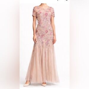 Adrianna Papell Sz 10, floor length, short sleeve, rose gown with sequins, beads